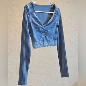 Blue Long Sleeve Crop Top Lace Womens Size S